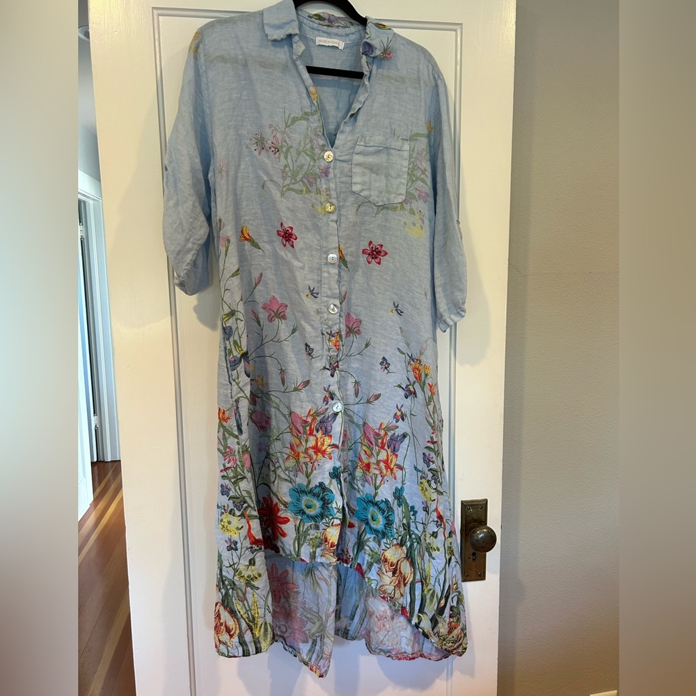 Made In Italy 100 % Linen Floral Button-Down Asymmetrical Dress